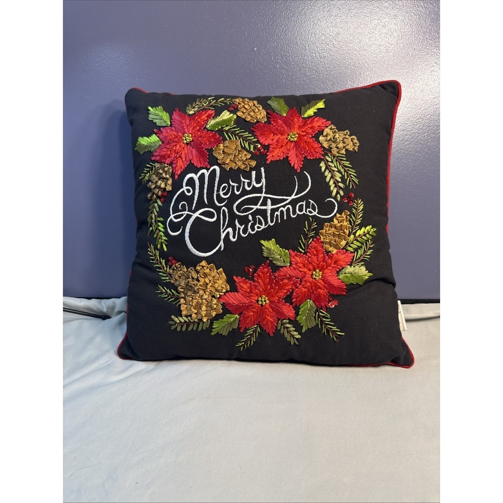 Embroidered Merry Christmas Poinsettia Throw Pillow Black Velvet Holiday Decor